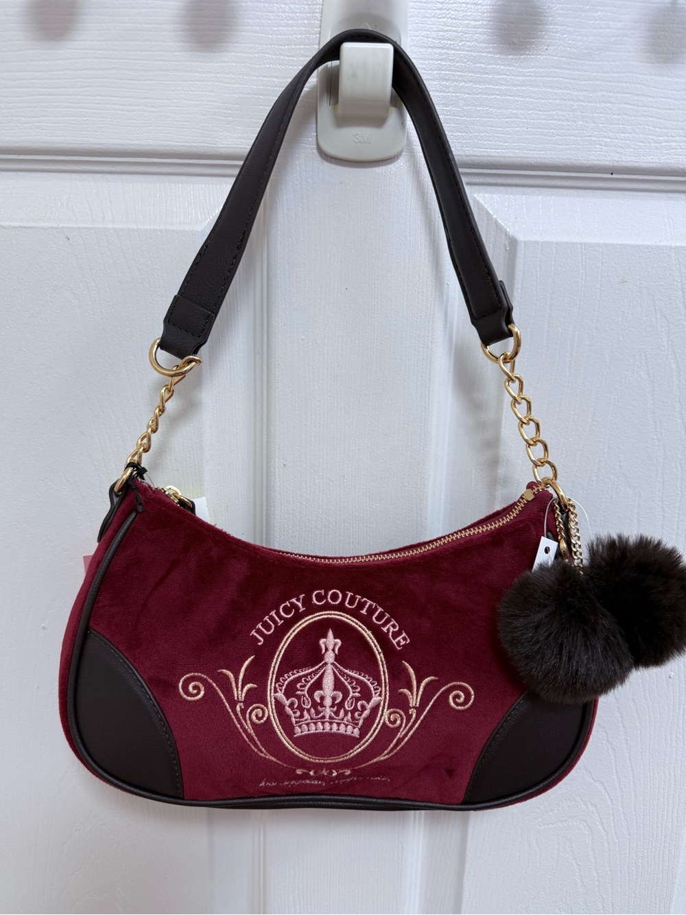 NWT Juicy Couture Juicy Magnifique Shoulder Bag with Pom Pom Charm in Cranberry